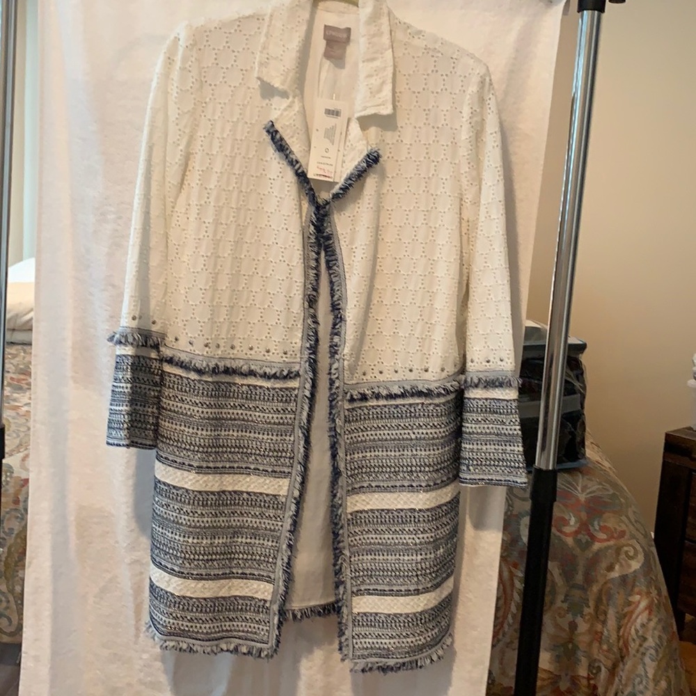 Chico’s long fringe coat